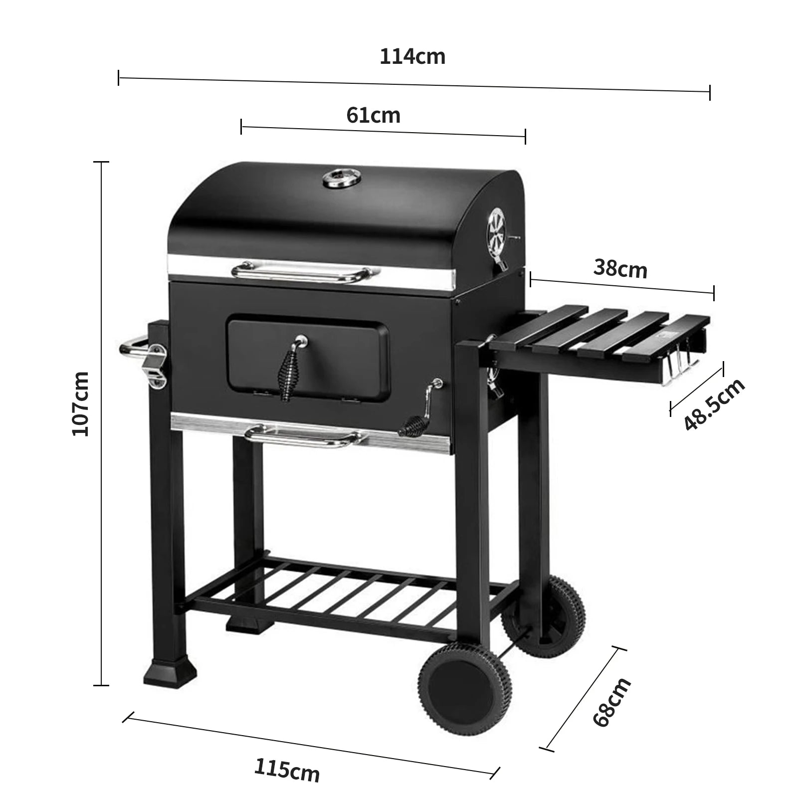 Grill au charbon de bois sur chariot avec couvercle – Zone de cuisson 56 × 41,5 cm – Grille en fonte – Thermomètre intégré