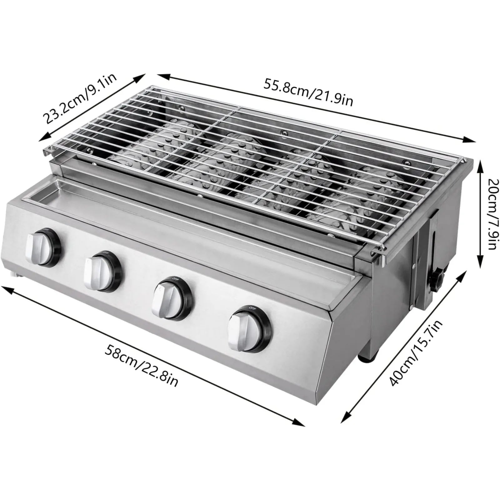 Grill professionnel portable à gaz propane/GPL – 4 brûleurs – Acier inoxydable – Sans fumée – Table et extérieur/intérieur