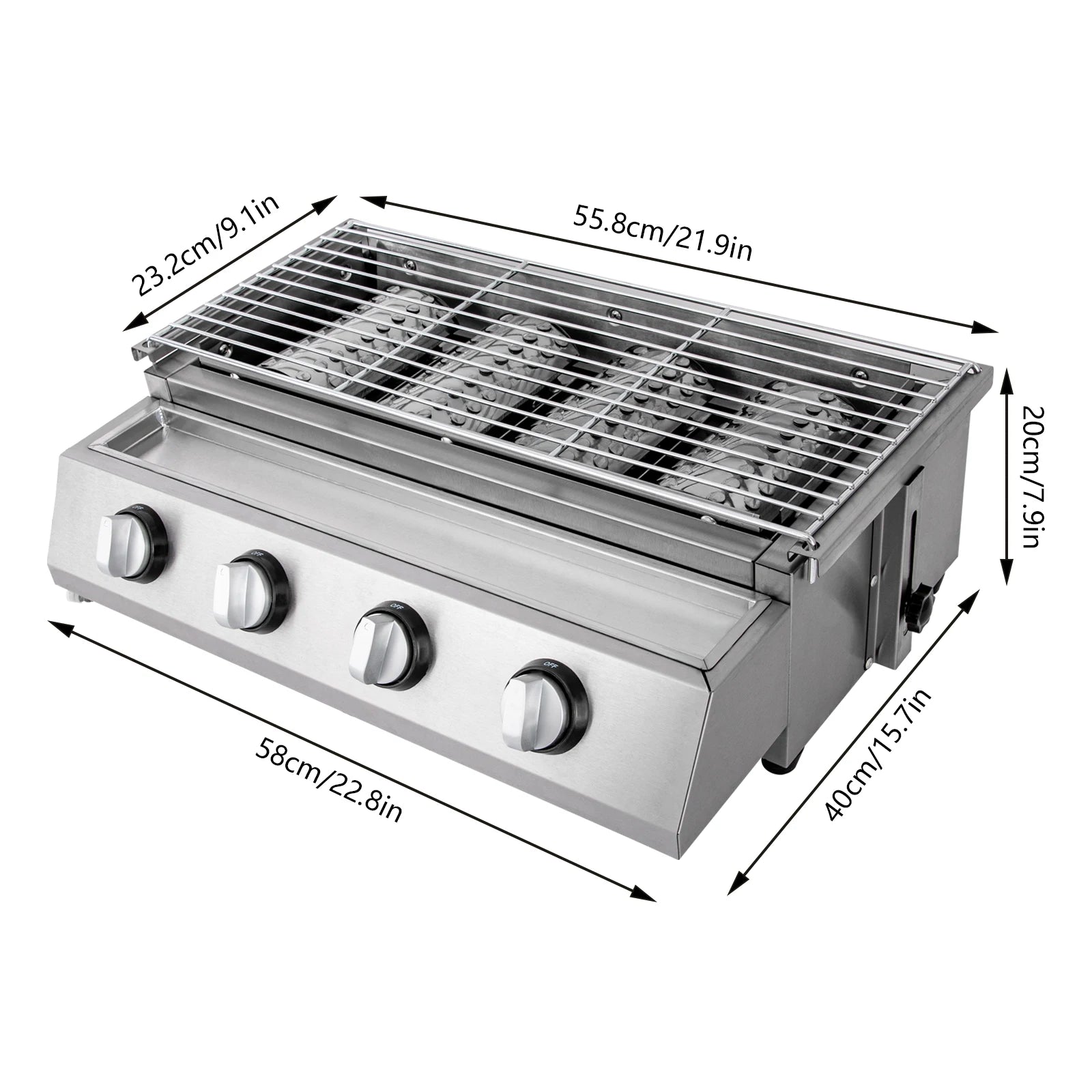 Grill professionnel portable à gaz propane/GPL – 4 brûleurs – Acier inoxydable – Sans fumée – Table et extérieur/intérieur