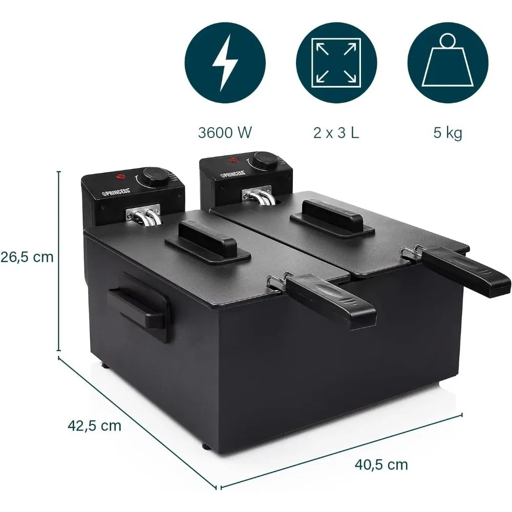 Friteuse électrique double bol 6 L – 8 portions – 3600 W – Noir – 2 thermostats indépendants