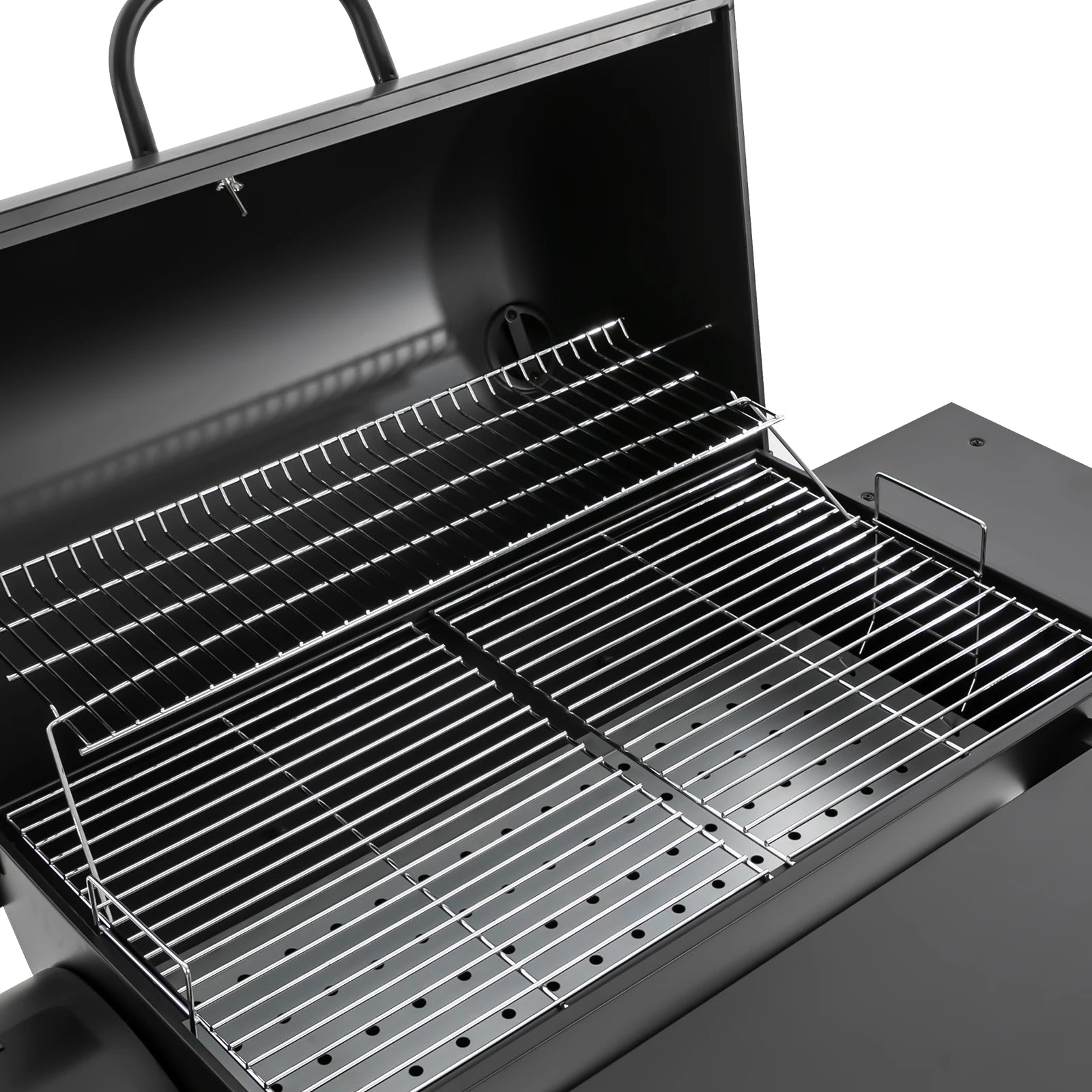 Grill à charbon de bois autoportant familial avec fumoir – Table d’appoint, roues et étagères – 147 × 70 × 126 cm